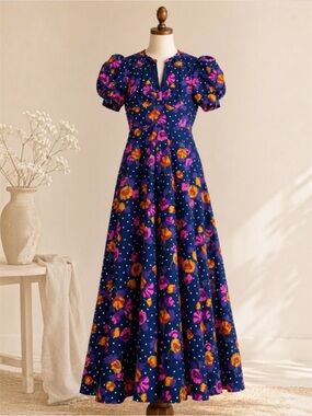Handmade Floral Maxi Dress Small Cottagecore Puff Sleeve Prairie Boho Vintage